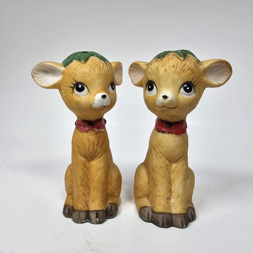 Vintage JSNY Deer Fawns Salt Pepper Shaker Christmas Brown Red Green 3.5"